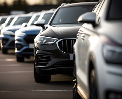 Nekoliko modernih, crnih i sivih automobila poređanih jedan iza drugog u sklopu voznog parka na parkiralištu.