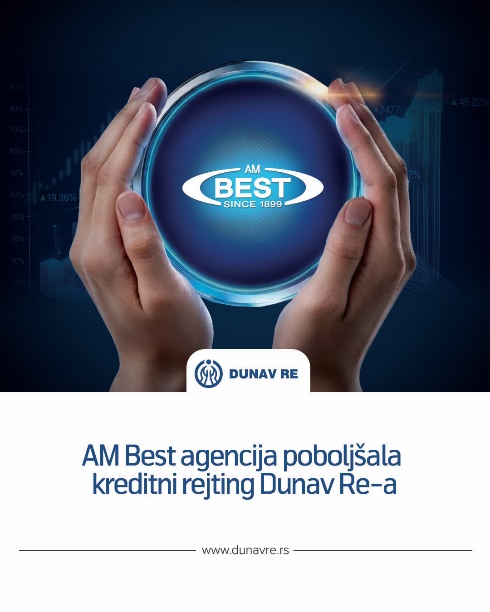 Na pretežno plavoj pozadini, dve šake drže okruglu podlogu na kojoj se nalazi logotip A.M. Best agencije.